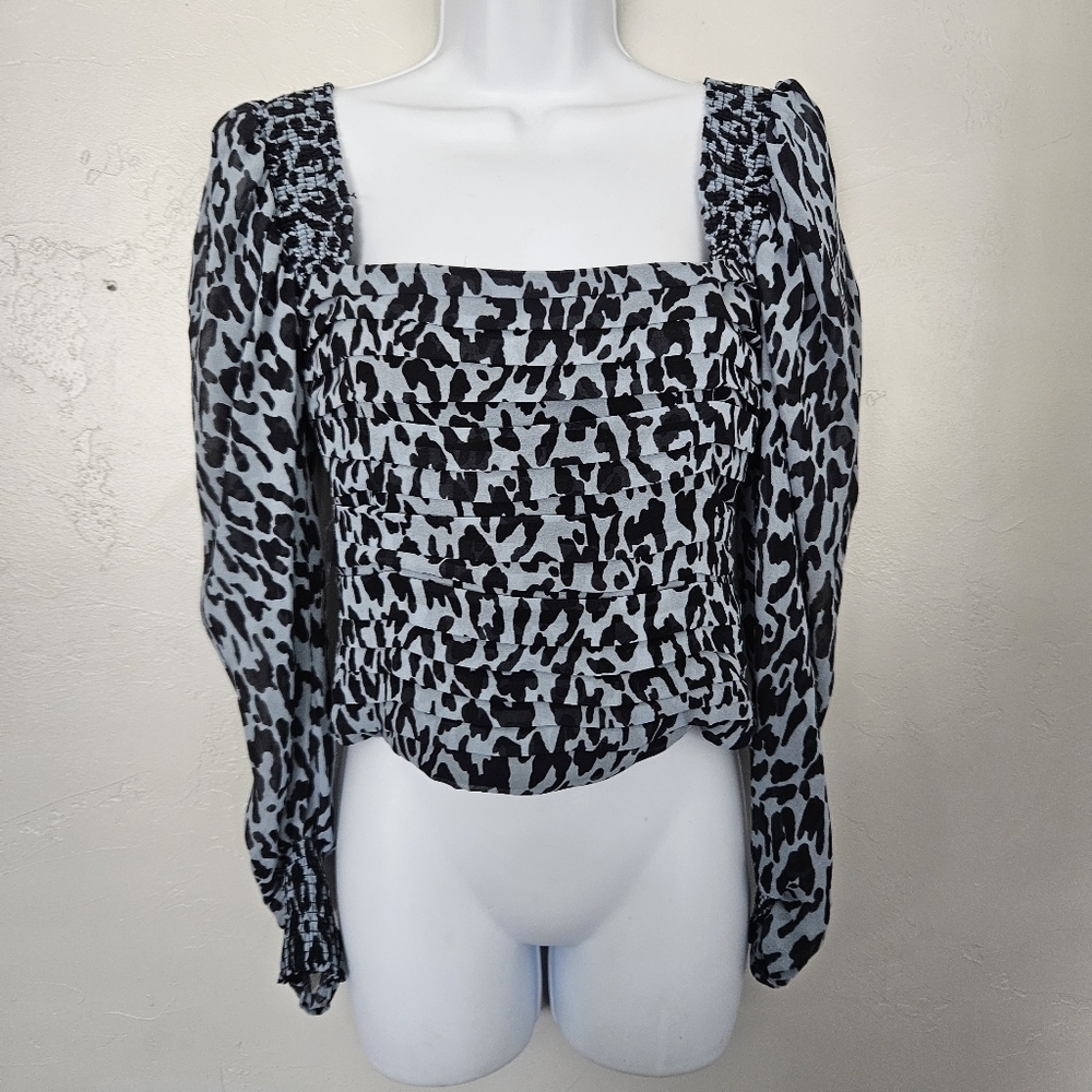 Zara Womens Small Blue Black Animal Print Long Sleeve Blouse Cropped Square Neck